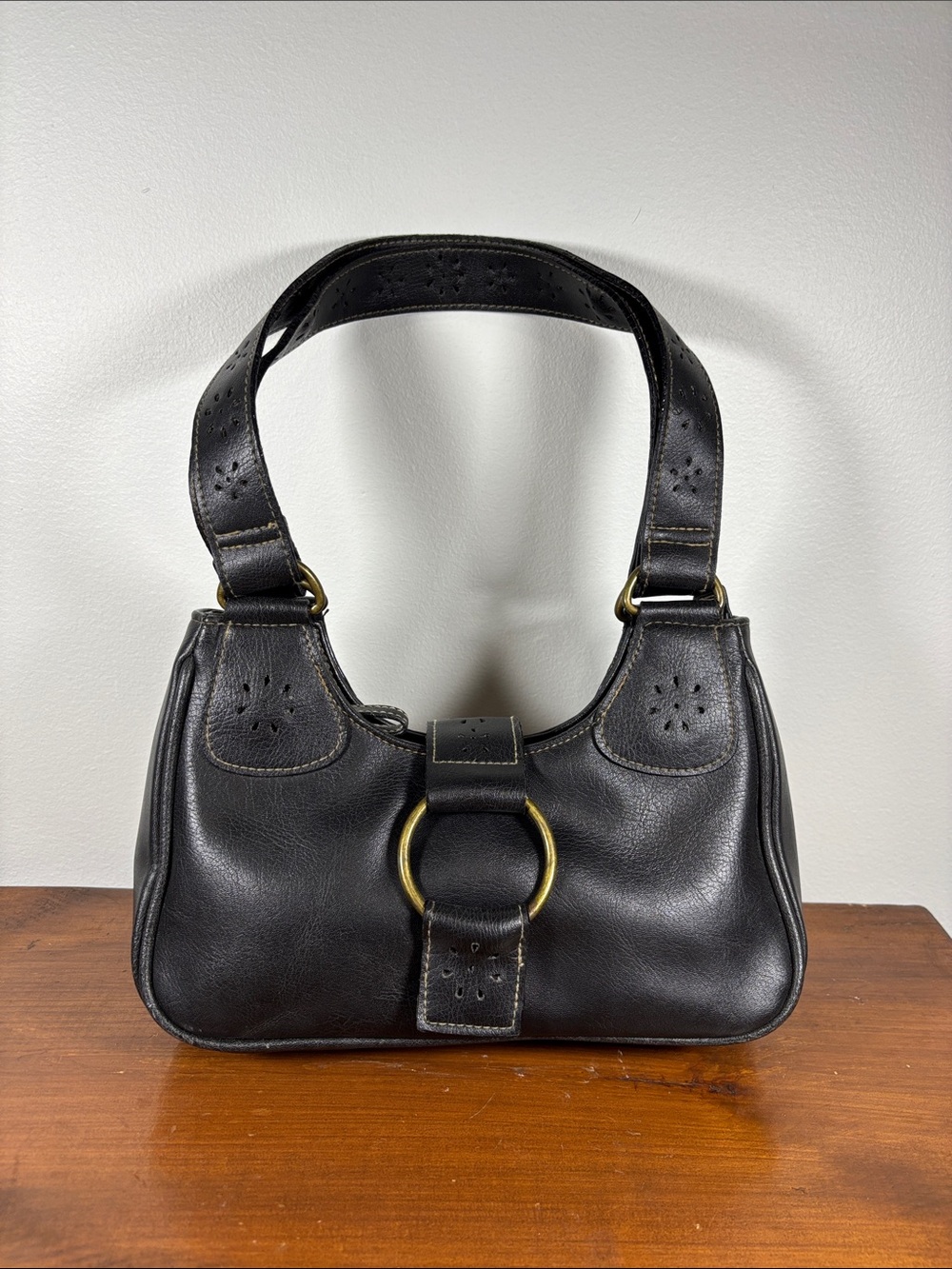 Y2K inspired The Stone Classic Black Leather Shoulder Bag with Brass Buckle